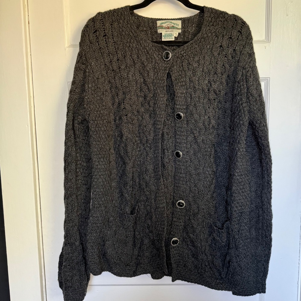 Aran Crafts Ireland 100% Merino Wool Charcoal Gray Cable Knit Cardigan Sweater S